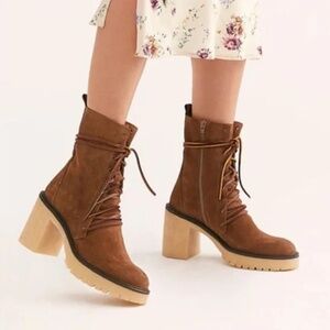 Free People Sz 41 Brown Dylan Suede Leather Chunky Heel Boots